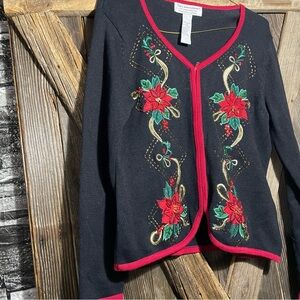 Vintage Tiara International zip up poinsettia sweater! Christmas size Large EUC